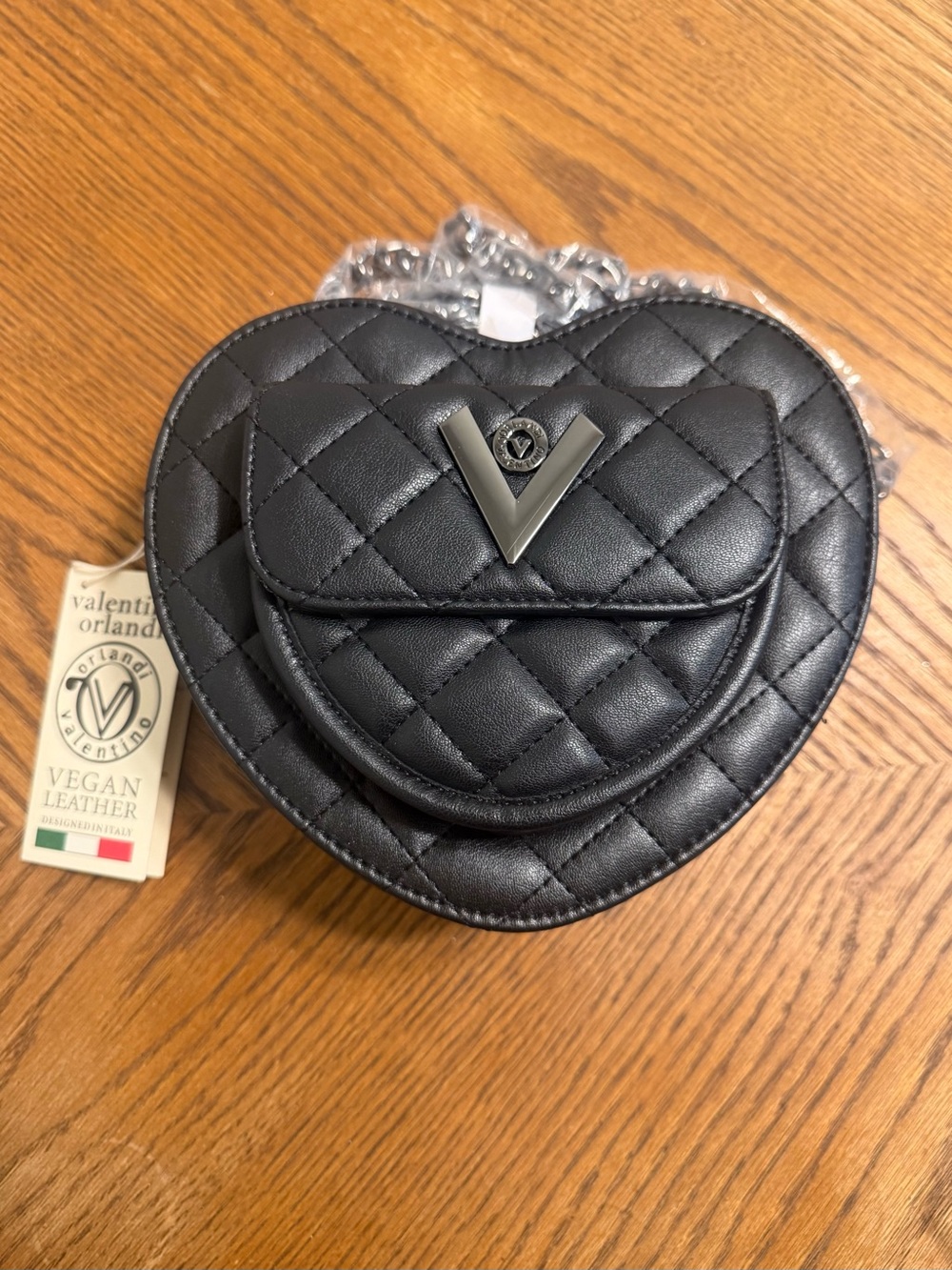 Valentino Orlandi Black Heart Quilted Crossbody Bag Vegan Leather NWT
